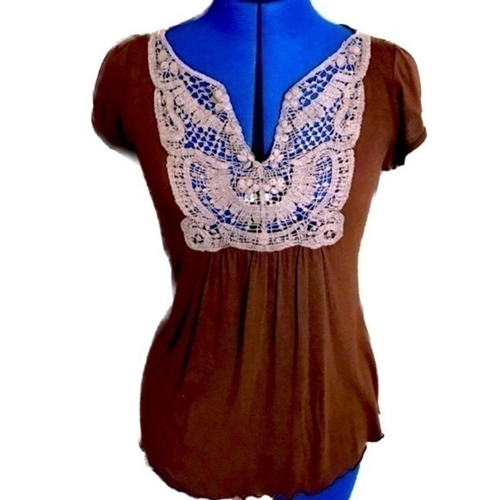 Rich Brown Top / Blouse With Lace And Puff Sleeves - Size Medium